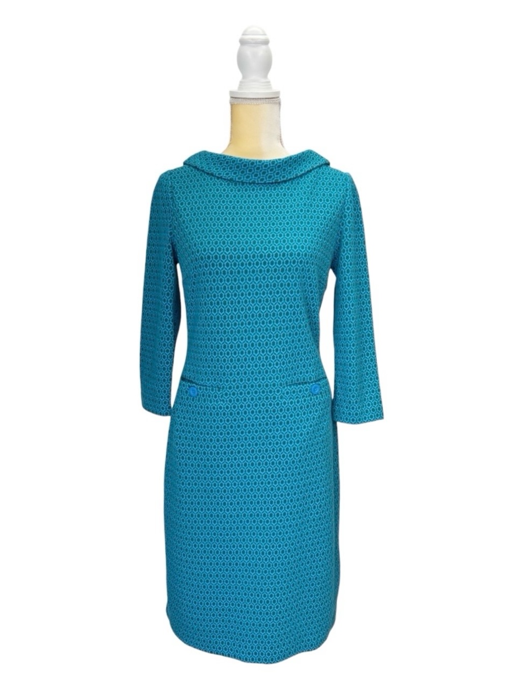 Boden Bessie Dress Blue Lagoon Jacquard Geometric Print Size 4L (4 Tall) Mod EUC